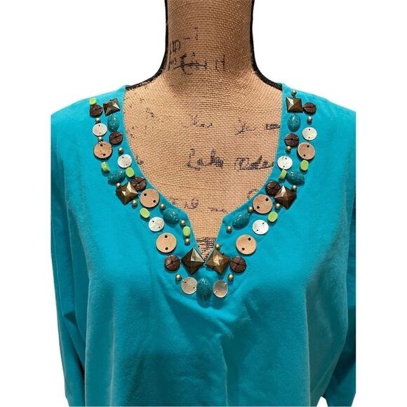 Ruby Rd Women's 2X Teal Beaded V-Neck 3/4 Sleeve Blouse - Picture 2 of 8